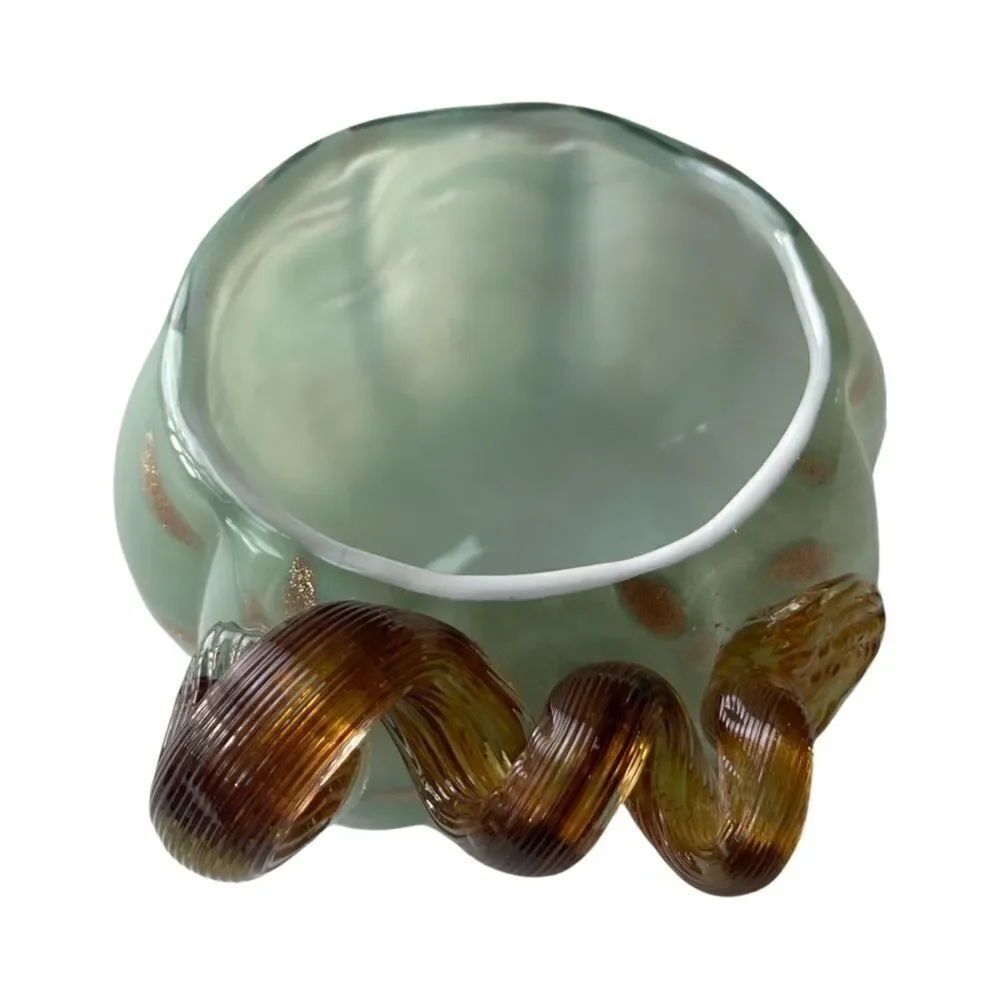 Hand Blown Art Glass Deco Pumpkin Bowl Vase Green Swirl  Metallic Accents NWT